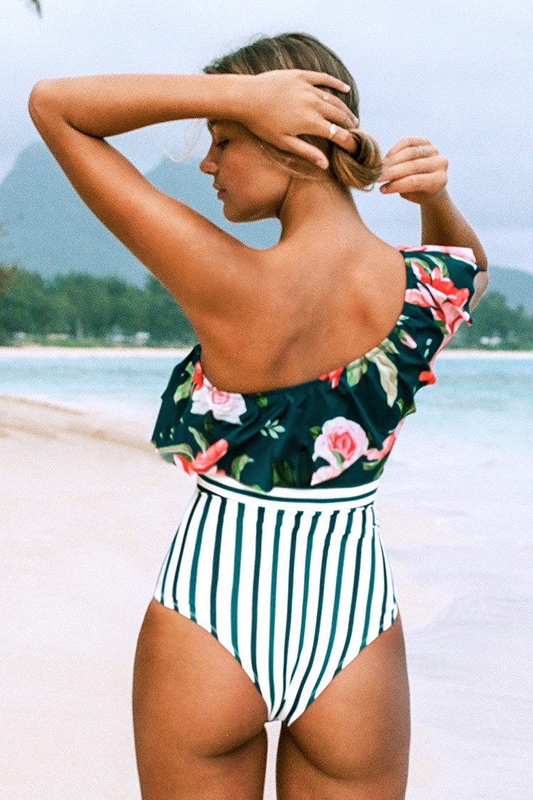 Ellis Floral And Striped Ruffle One Piece Swimsuit