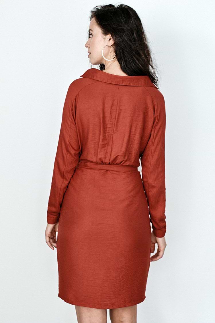 Orange Wrap V-Neck Midi Dress
