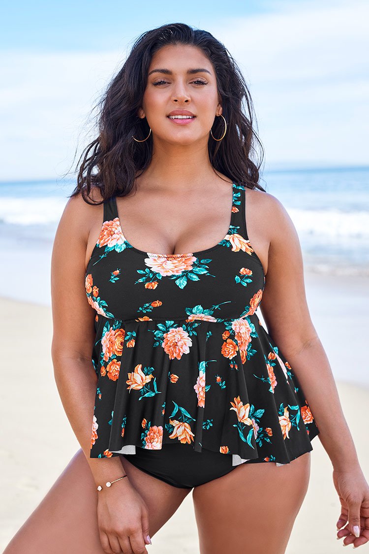 Black Floral Peplum Plus Size Tankini