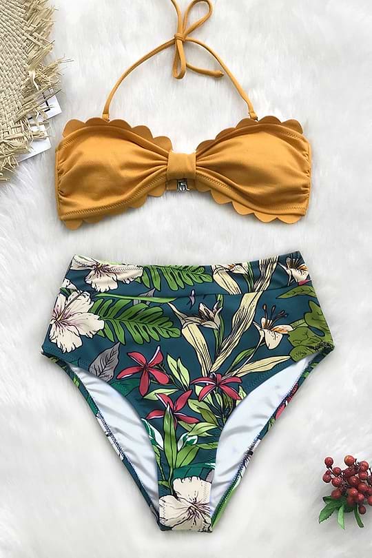Yellow And Floral Tropical Print High-Waisted Bikini