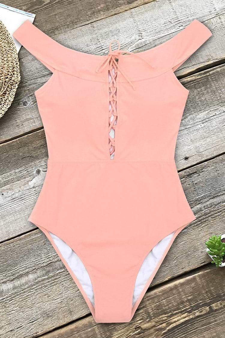 Peach Pink Lace-Up One-Piece Swimsuit