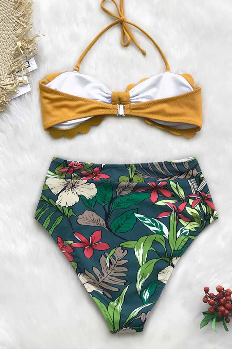 Yellow And Floral Tropical Print High-Waisted Bikini