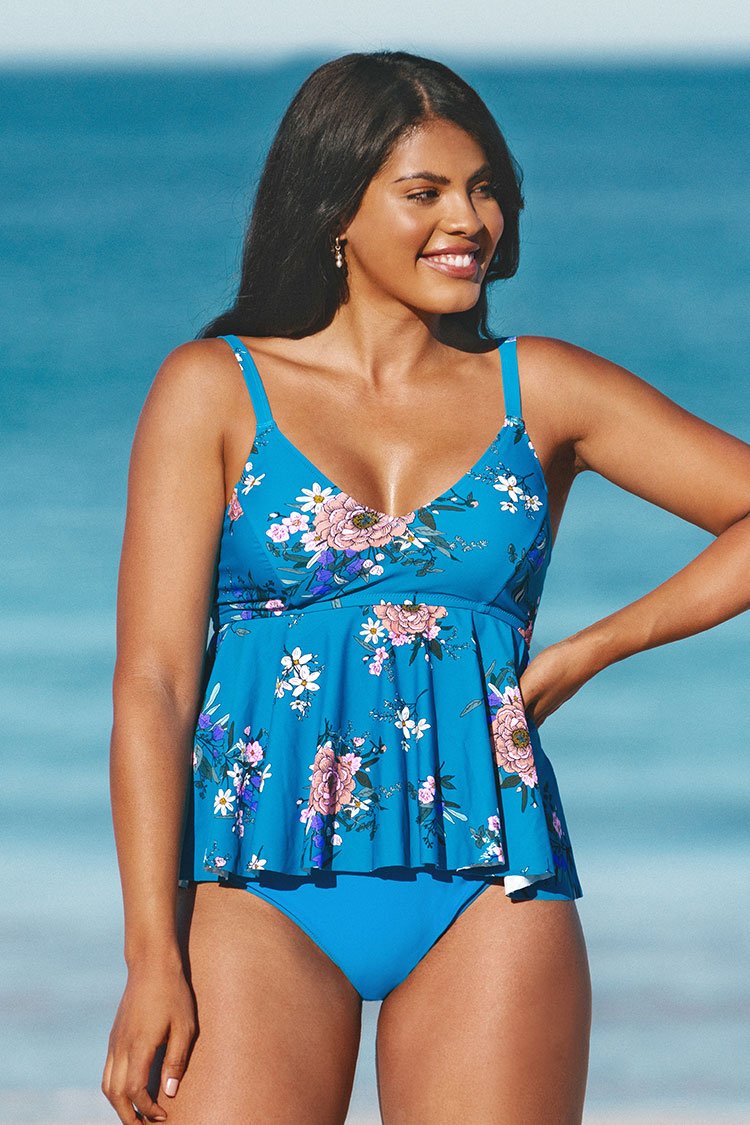Blue Floral High Waisted Plus Size Tankini