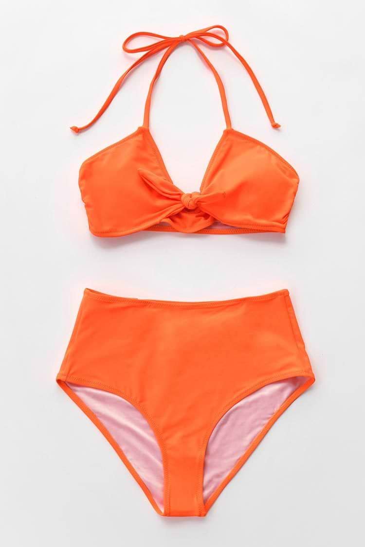 Neon Orange Knotted High-Waisted Bikini