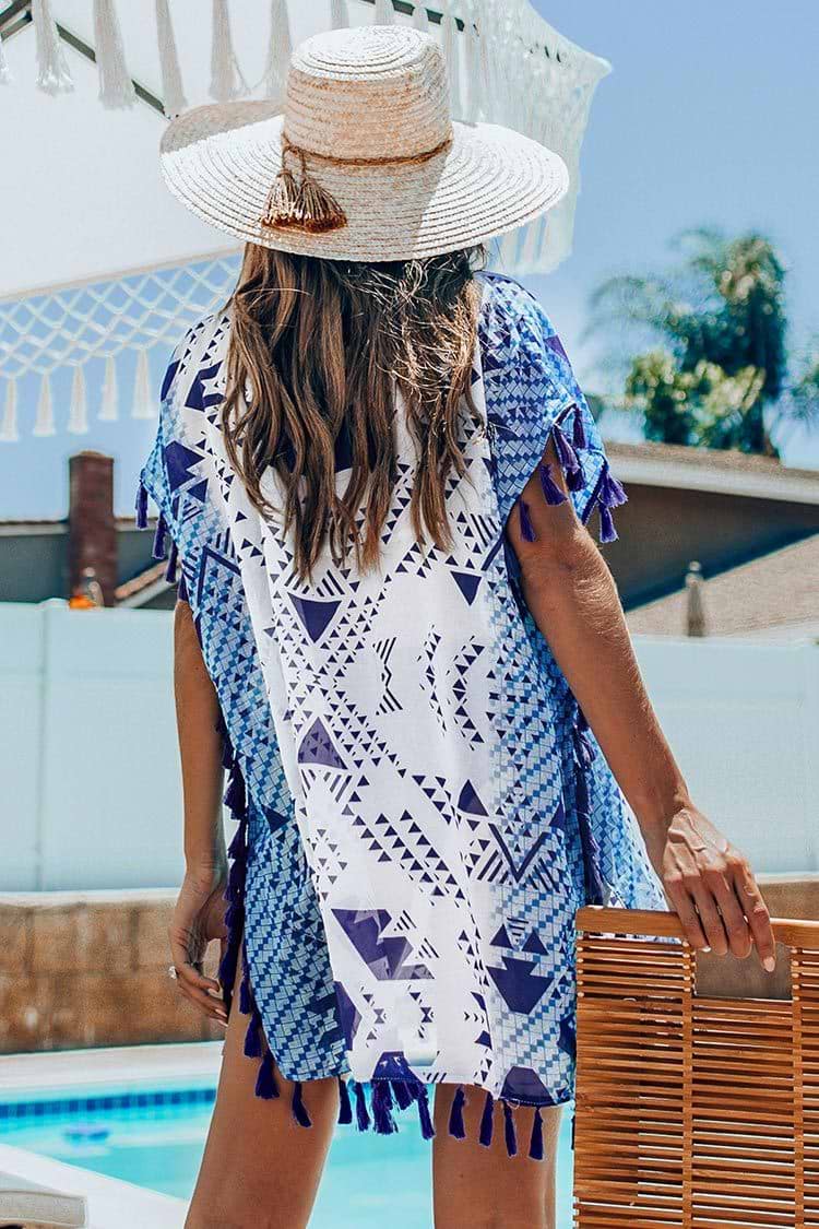Geometric Print Tassel Trim Cover Up
