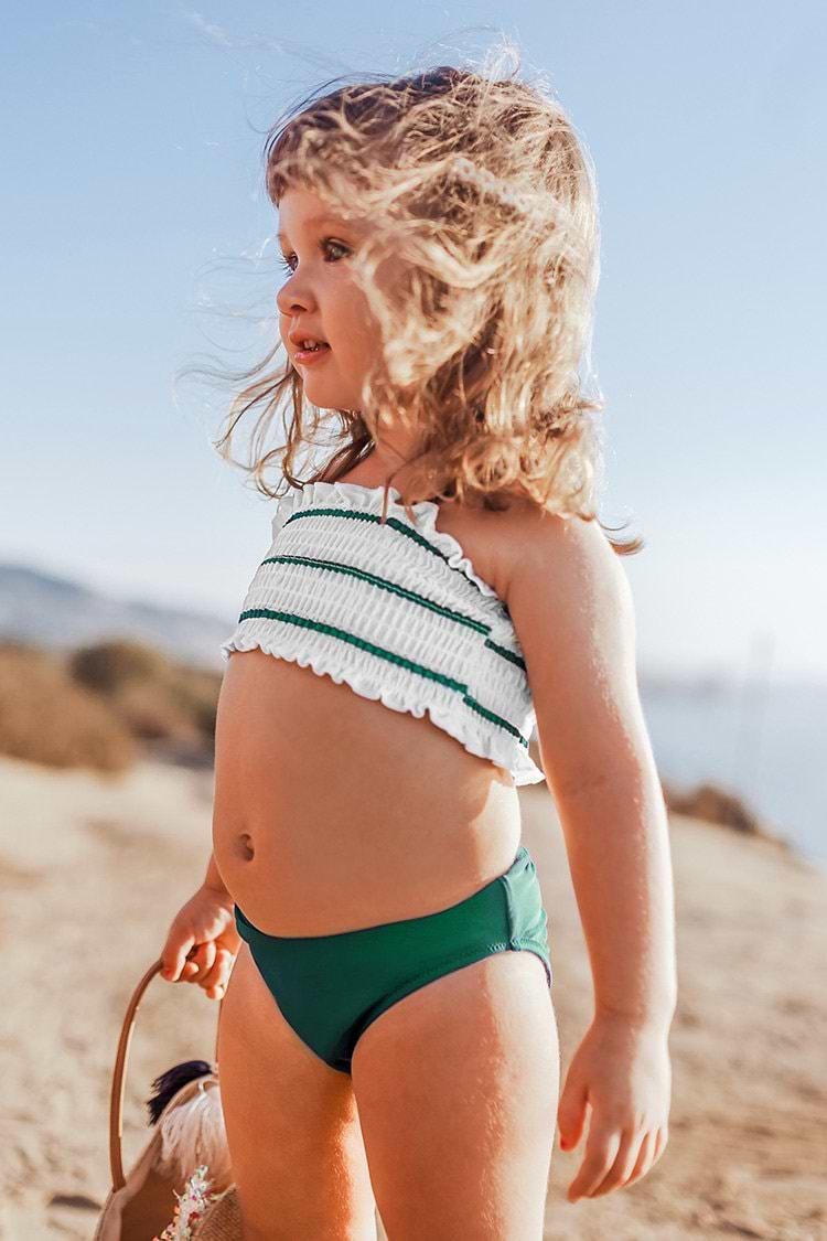 Green Striped Smocked Bikini For Toddler Girls and Girls