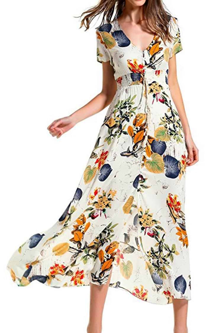 Floral Print Front Button Slit Dress