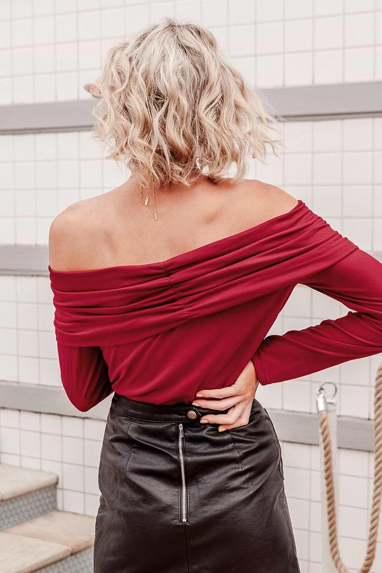 Wine Red Shirred Off Shoulder Top