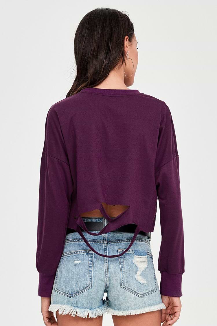 Wine Red Cropped Slashed Sweater