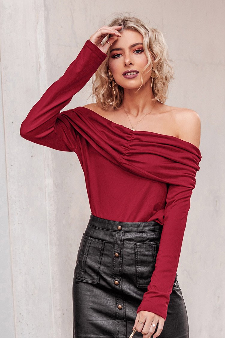 Wine Red Shirred Off Shoulder Top