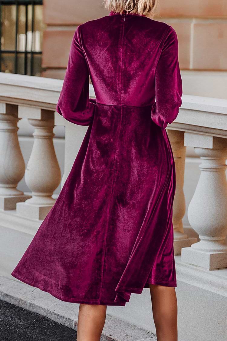 Pussy-Bow Long Sleeve Velvet Dress