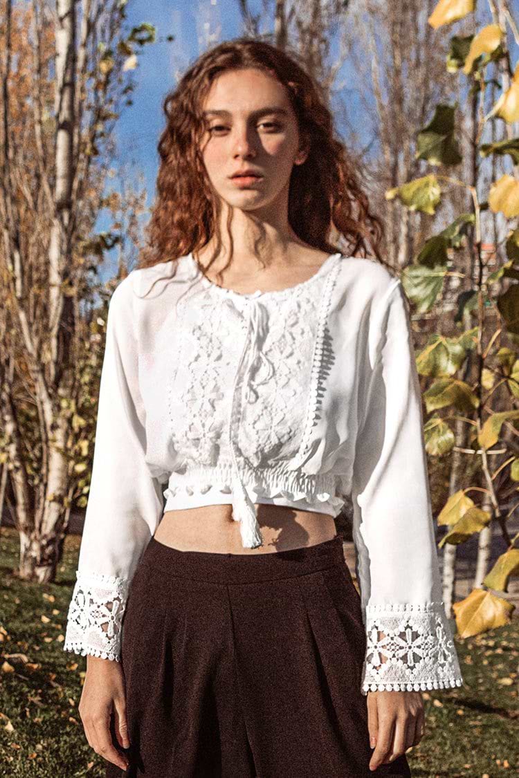White Crochet Long Sleeve Top