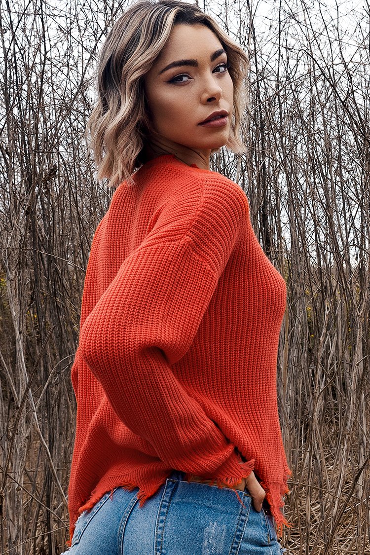 Red Orange Distressed Sweater