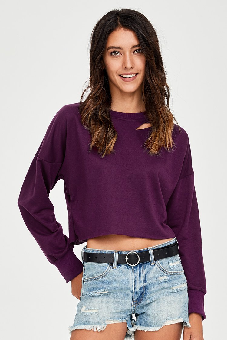 Wine Red Cropped Slashed Sweater