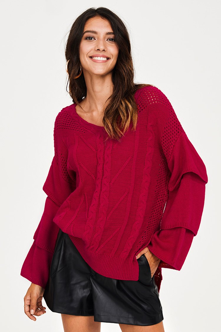 Red Layered Sleeve Sweater