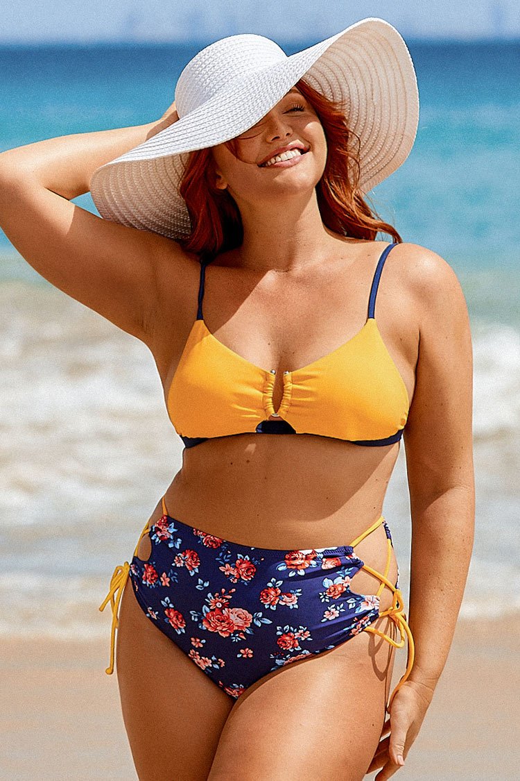 Colorblock Floral High Waisted Bikini