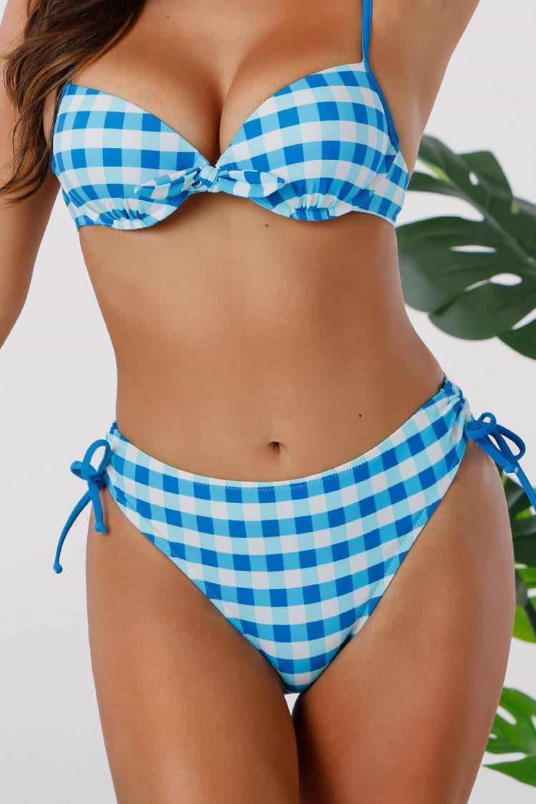 Plaid Bikini-Hose mit Seite-Kordelzug in Blau und Weiß