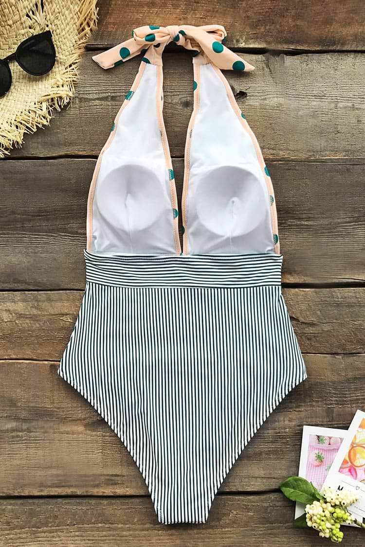 Retro Polka Dot Badeanzug mit Streifen Neckholder