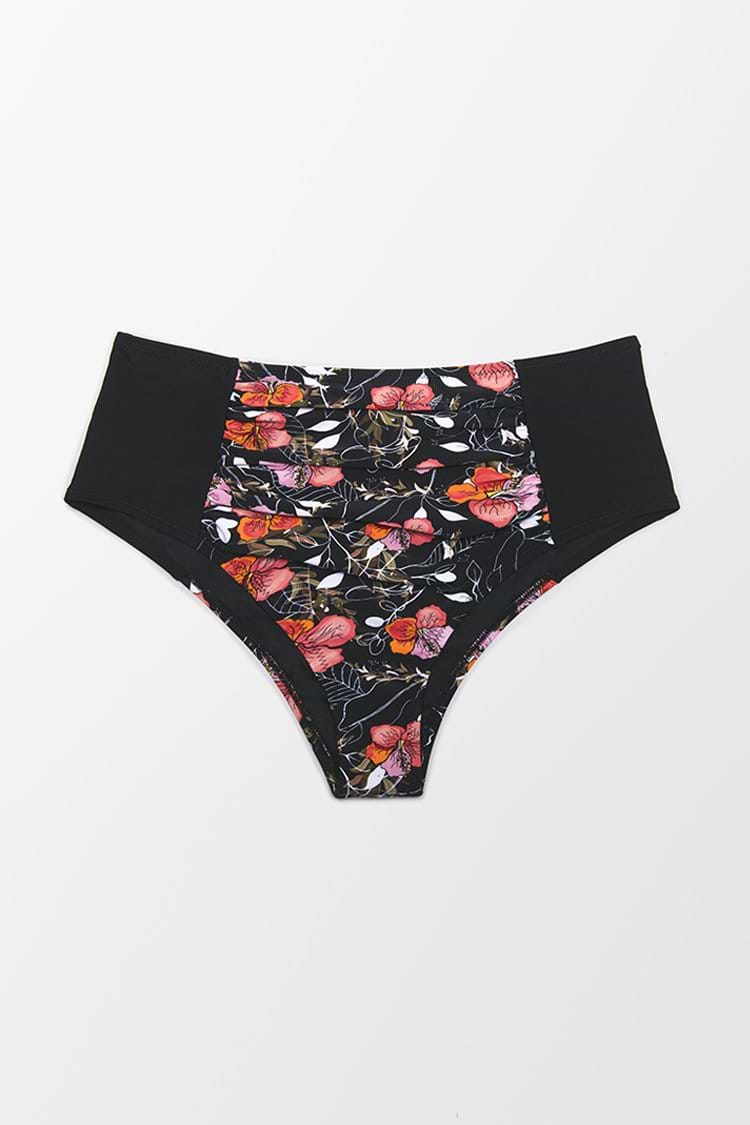 Bas de bikini grande taille à taille haute imprimé floral noir