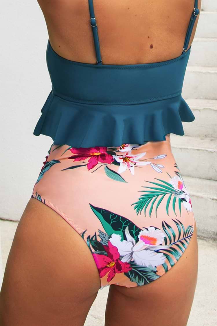 Bas de bikini taille haute imprimé floral et feuilles rose