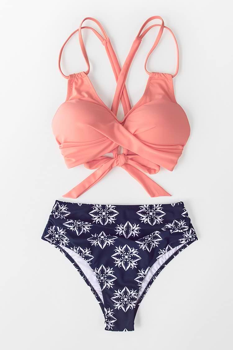 Einfarbiger Bikini mit Boho-Print und High waist
