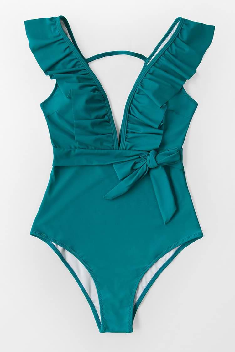 Maillot de bain une pièce à volants plongeant bleu