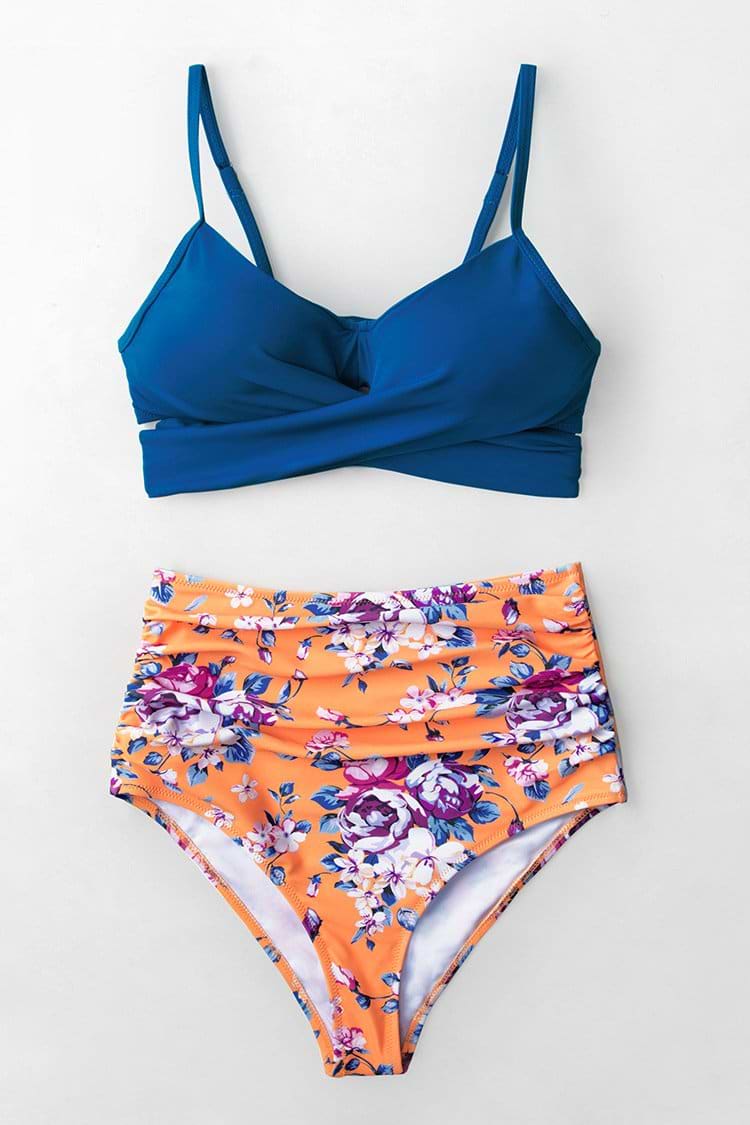 Sommertraum Blau Wickel und Blumen High-Waist Bikini