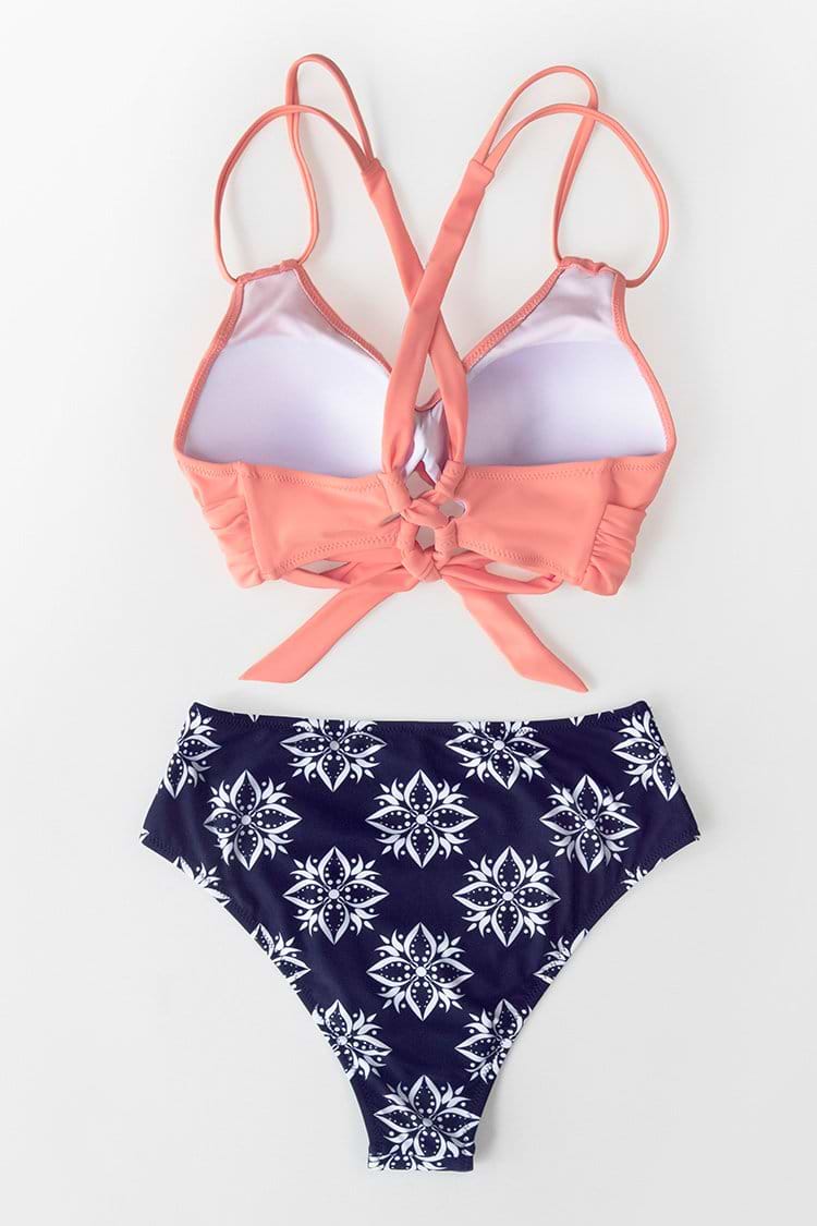 Einfarbiger Bikini mit Boho-Print und High waist