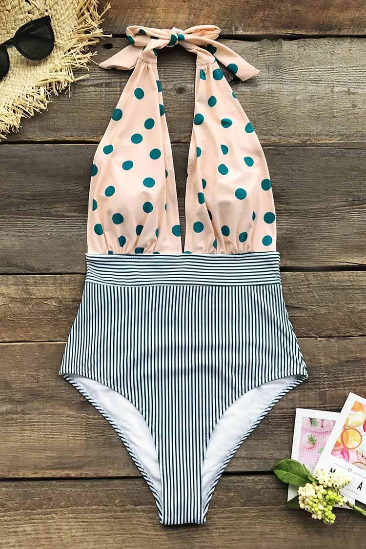 Retro Polka Dot Badeanzug mit Streifen Neckholder