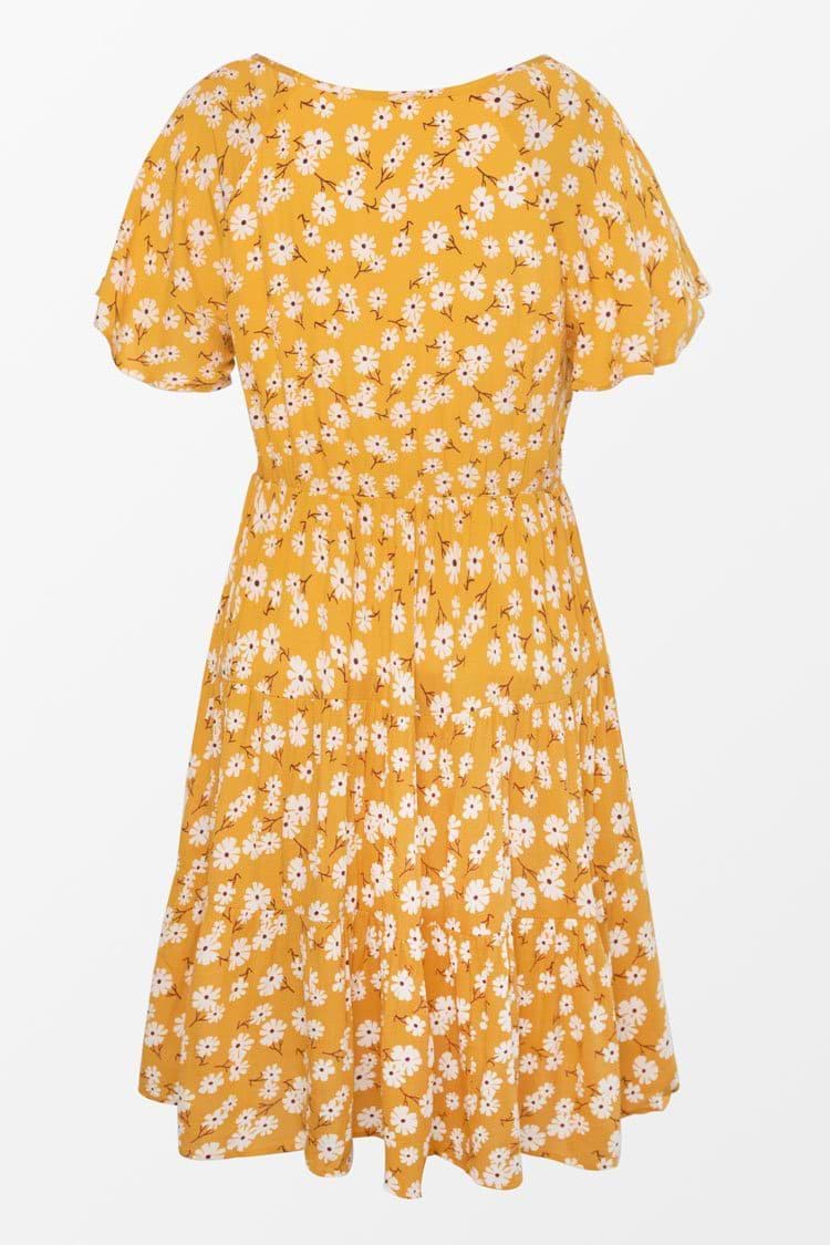 Gelbes Kleid mit V-Ausschnitt und Blumenmuster