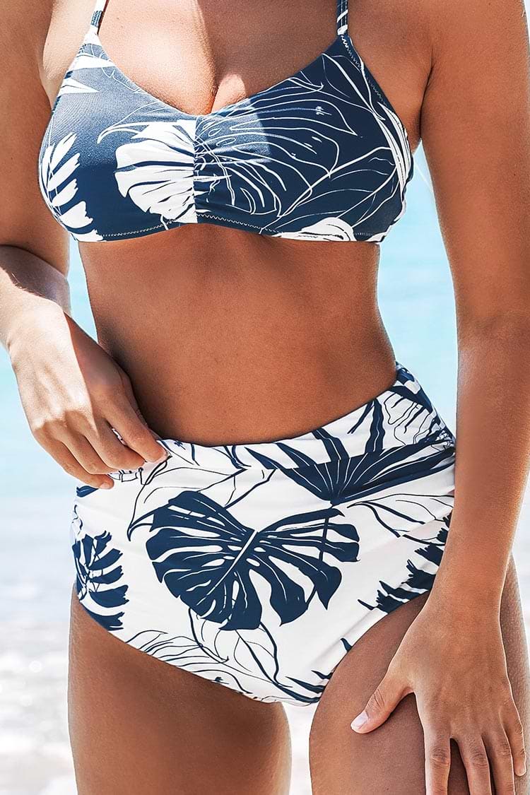 Bas de bikini taille haute à imprimé feuilles