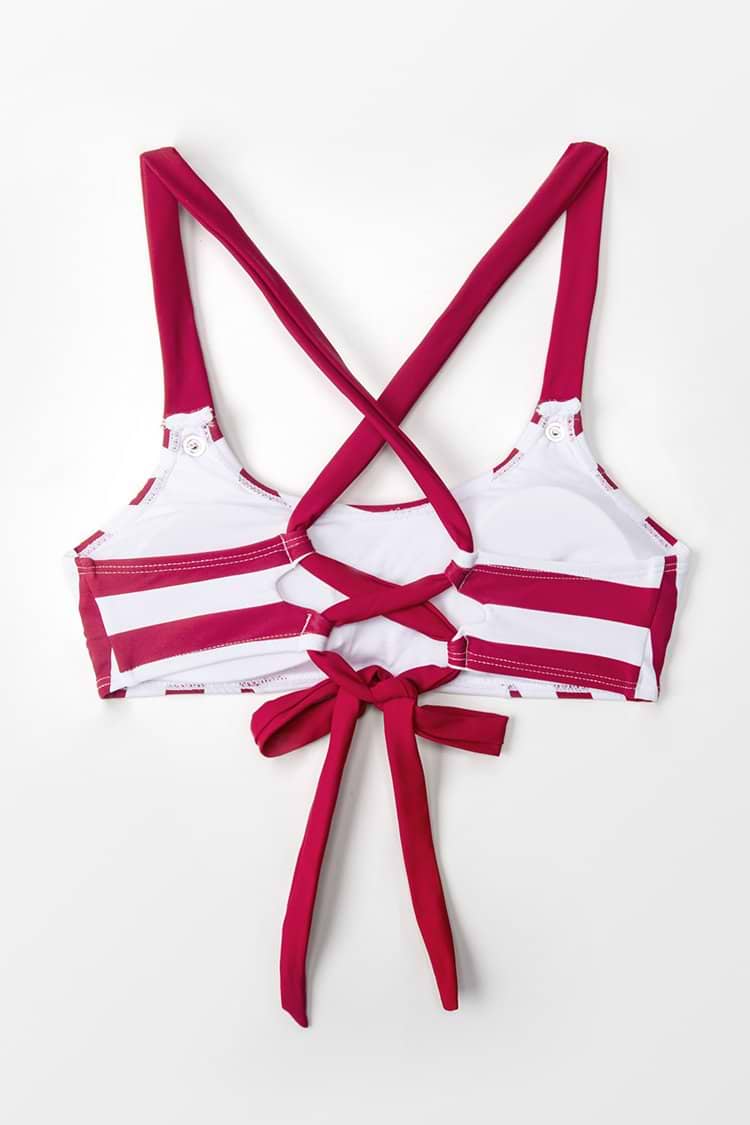 Geknöpftes Bikini-Oberteil mit roter und weißer Streifen
