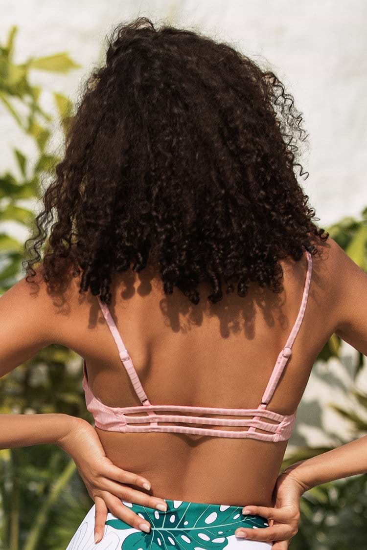 Haut de bikini côtelé rose clair à bretelles