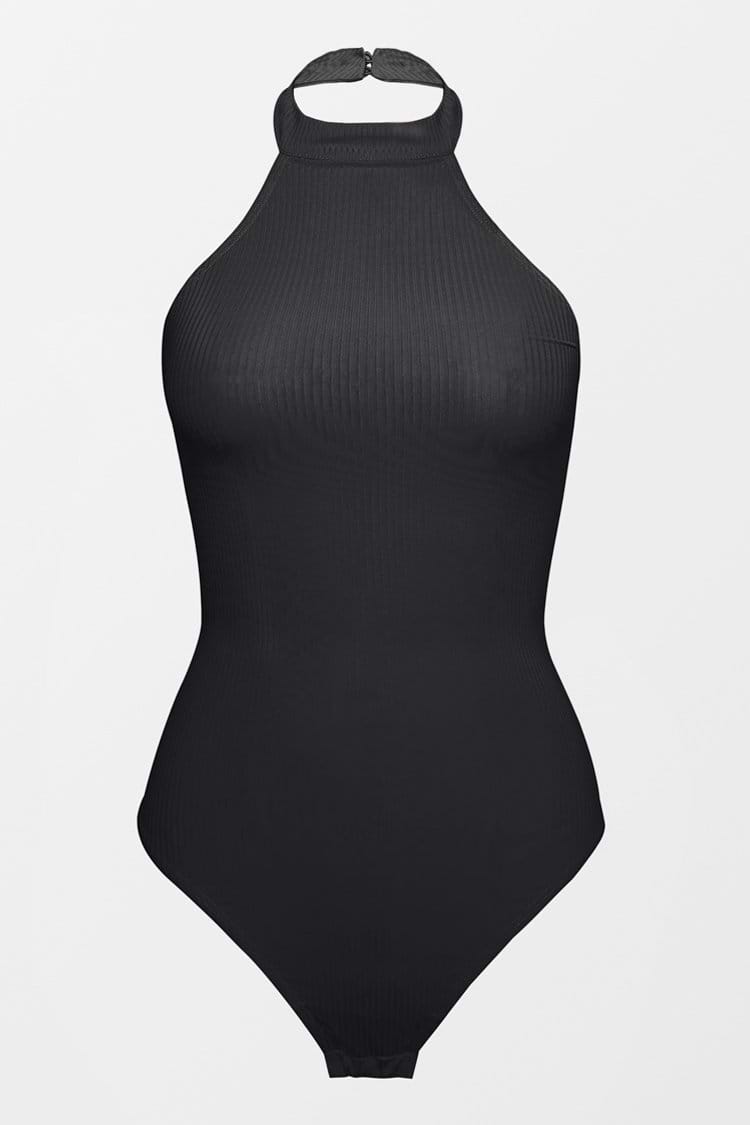 Schwarzer gerippter Neckholder-Bodysuit