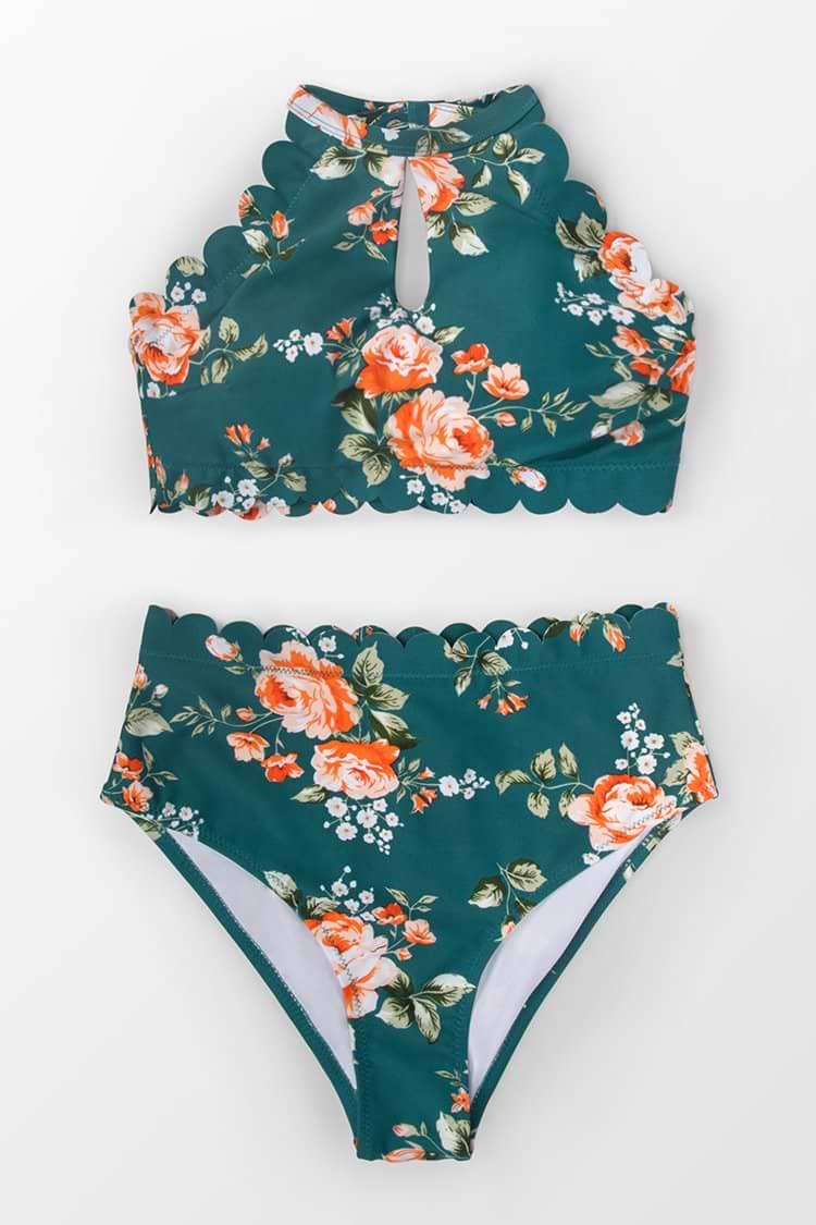 High waist Bikini-Set mit Blumen-Muster und Scallop in Blaugrün