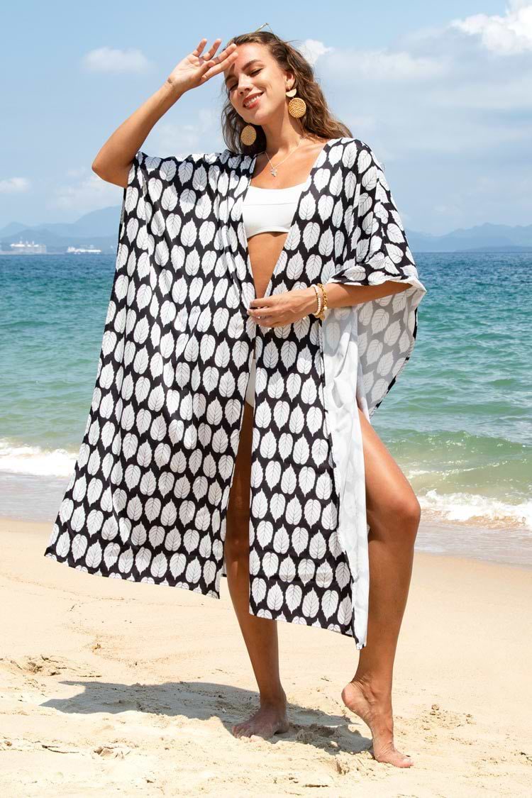 Julissa Black and White Leafy Kaftan Cover Up