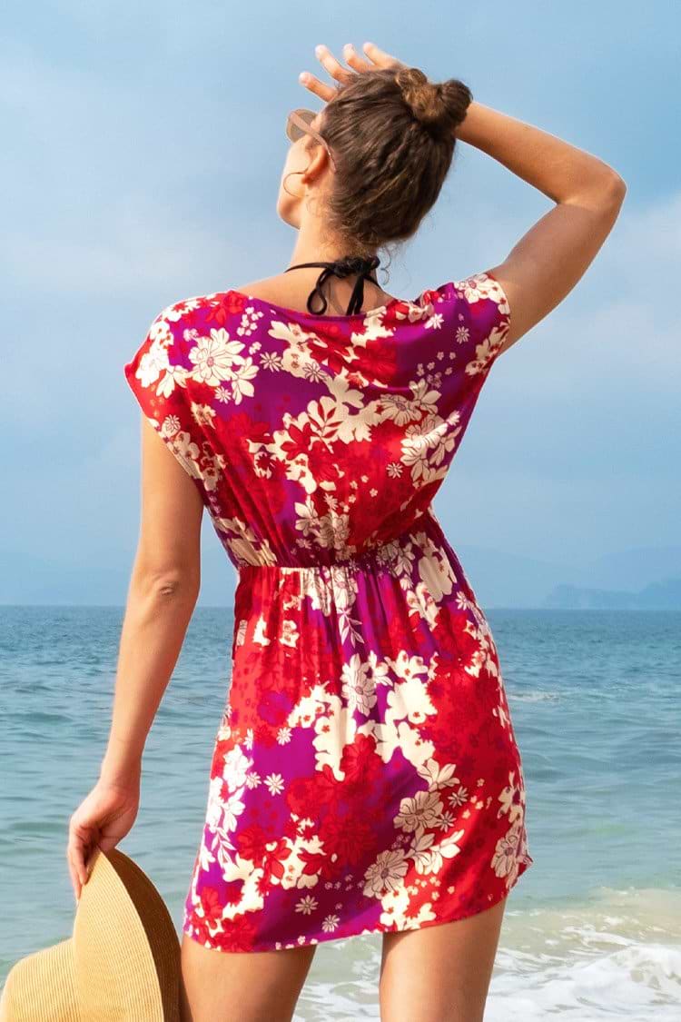 Ärmelloses Kleid mit Blumen und V-Ausschnitt