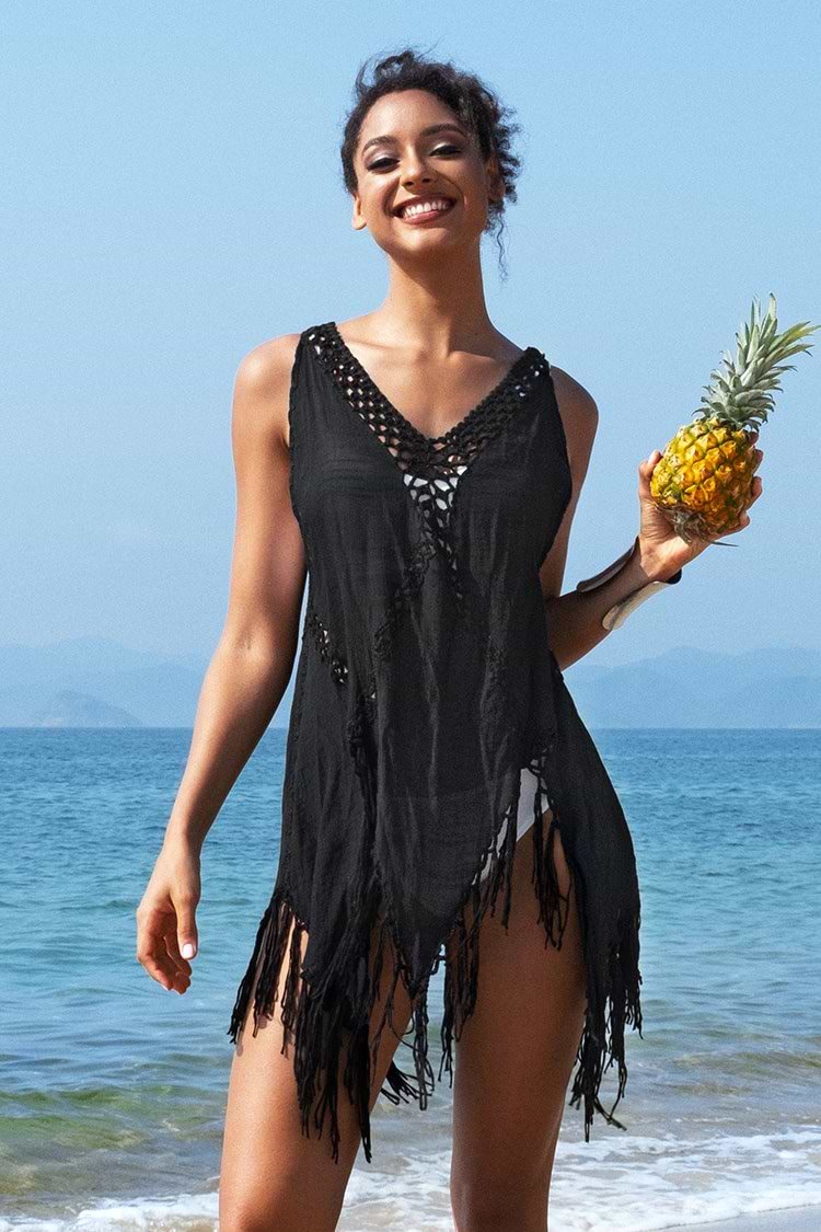 Schwarzes Cover Up mit Fringe Hem