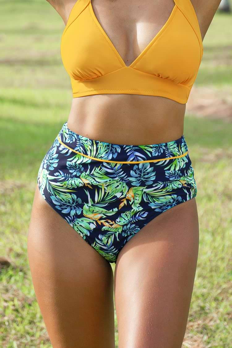High Waisted Bikini-Hose mit Blättermuster