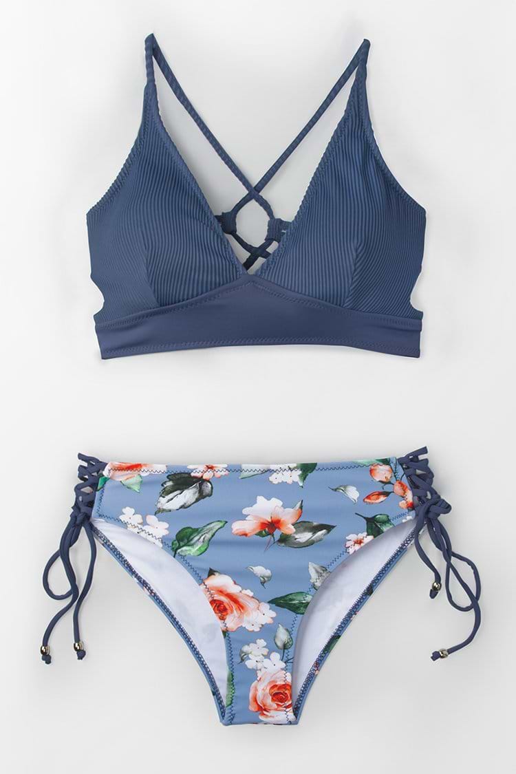 Triangel-Bikini-Set mit Schnürung in Blau