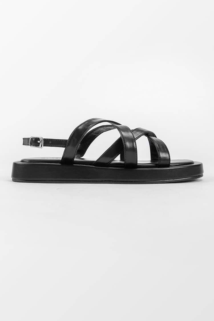 Schwarze Sandalen mit gekreuzten Riemen und Schnalle