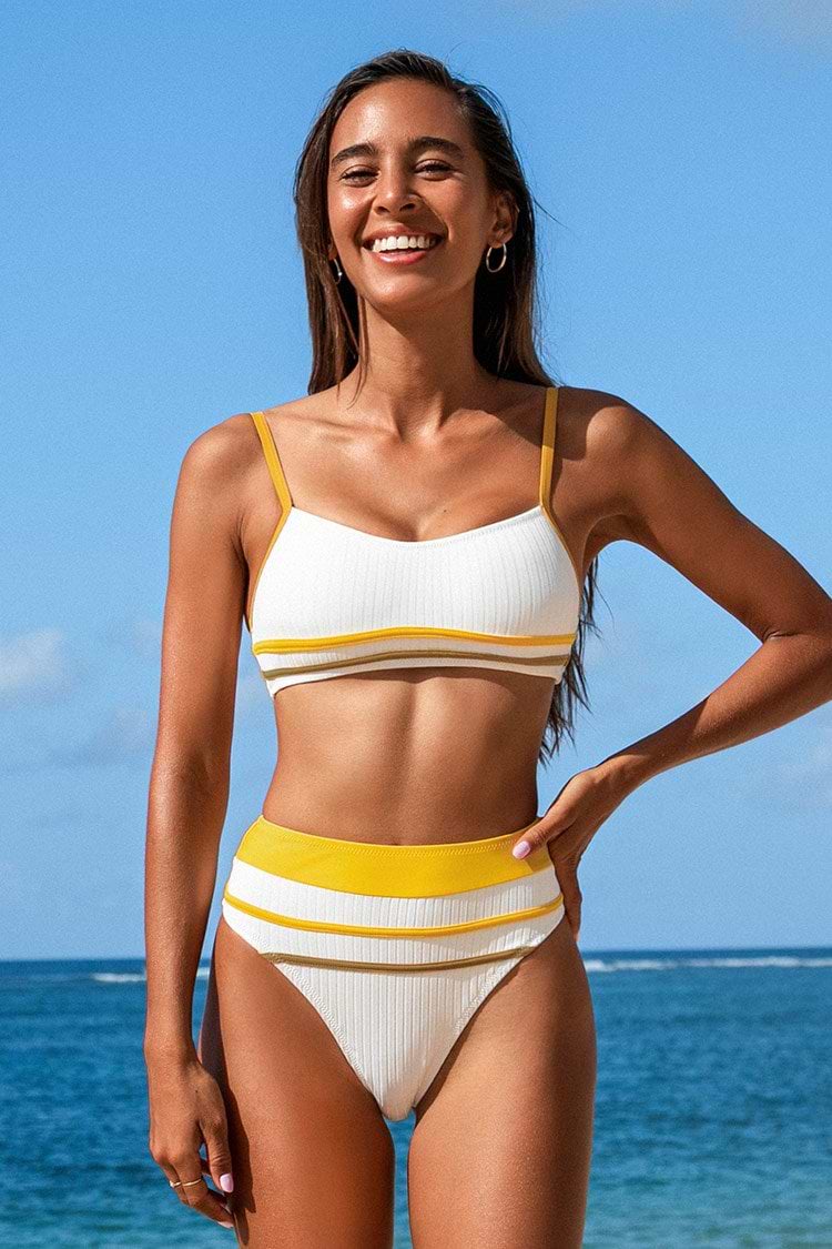 Gestreiftes Bustier-Bikini-Set in Gelb und Weiß
