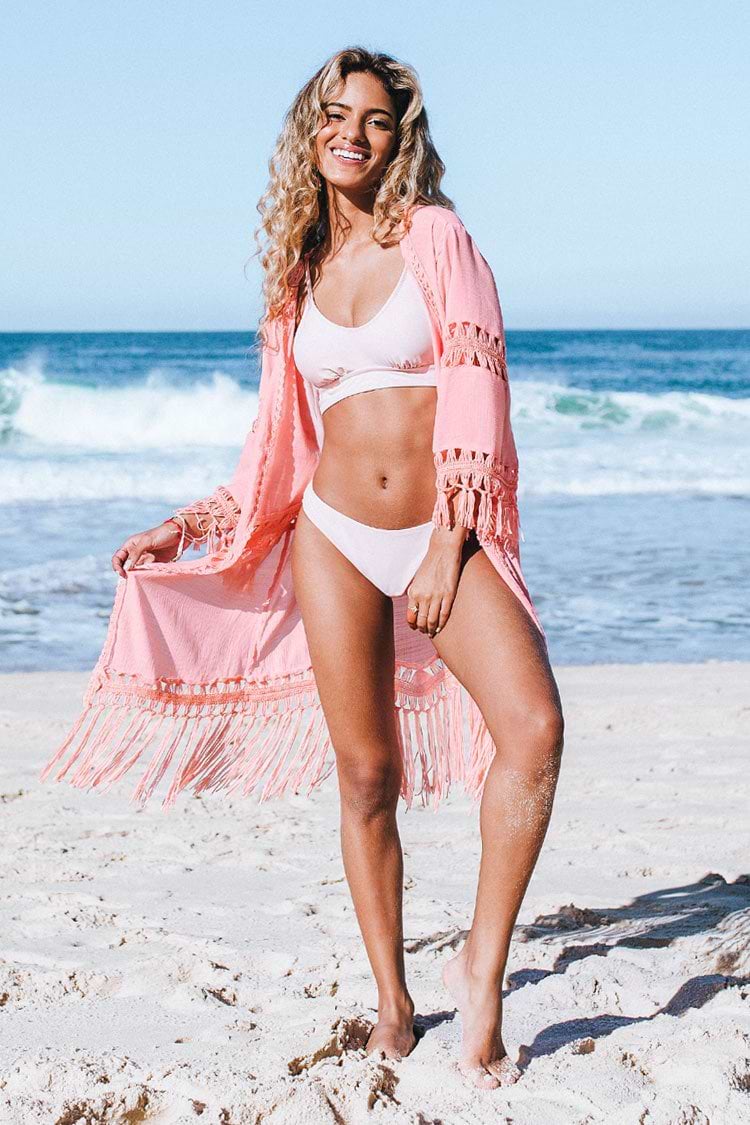 Rosa gehäkelter Kimono Cover Up mit Quaste