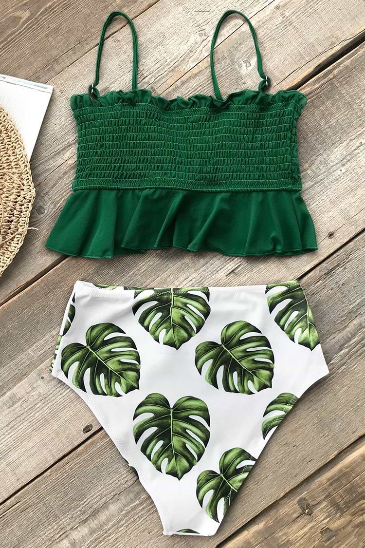 Bikini à smocks taille haute imprimé feuilles vert