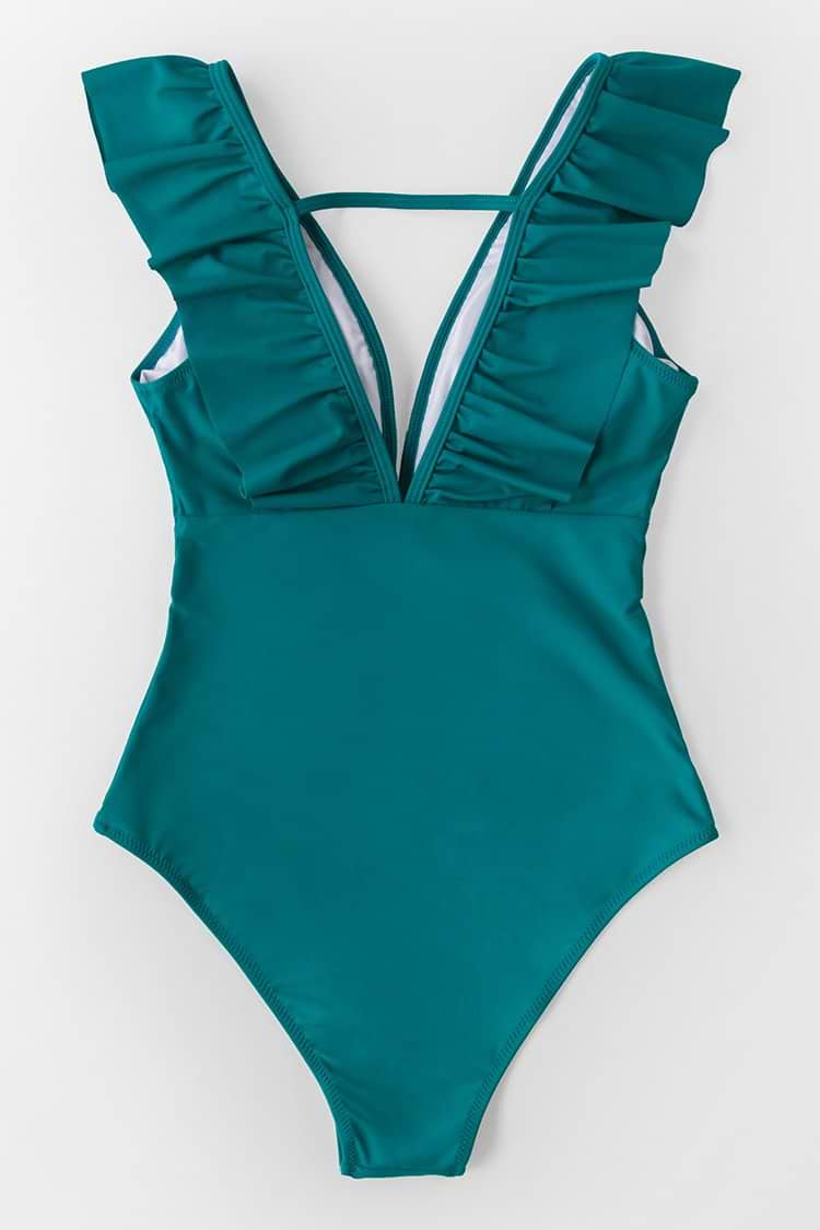 Maillot de bain une pièce à volants plongeant bleu