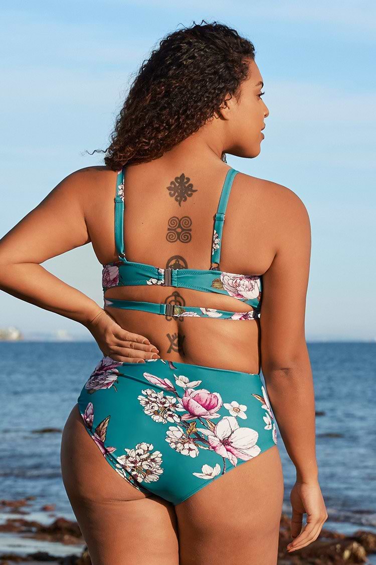 Blue Floral Cutout High Waisted Plus Size Bikini