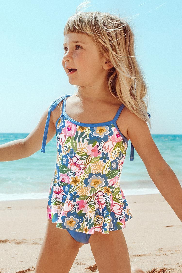 Blue Floral One Piece Swimsuit For Toddler Girls and Girls
