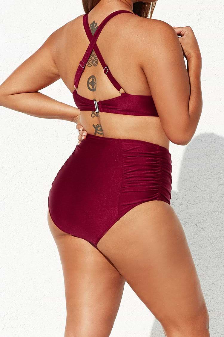 Sommer lustige Große Größen Bikinihose mit High Waist und Rüschen in Weinrot