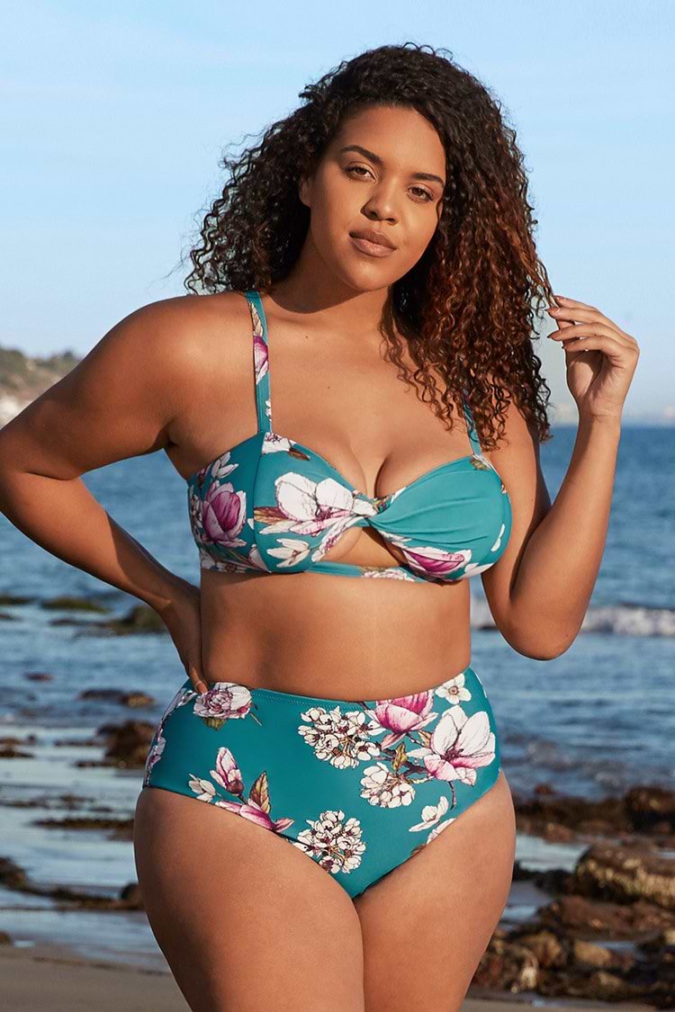 Blue Floral Cutout High Waisted Plus Size Bikini