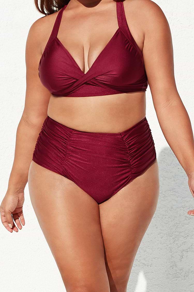 Sommer lustige Große Größen Bikinihose mit High Waist und Rüschen in Weinrot